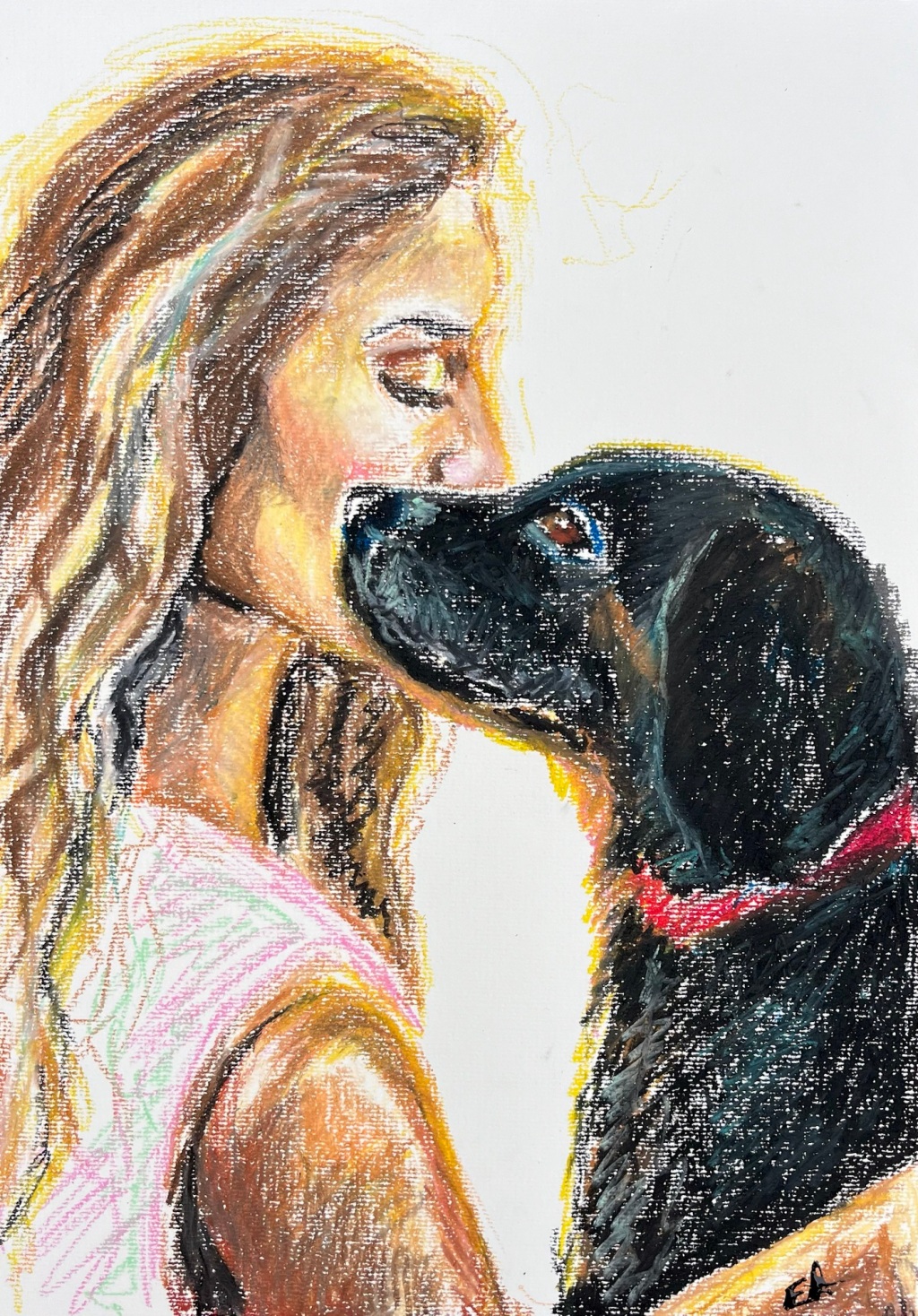 Drawing a woman embracing her dog drenched in sunlight