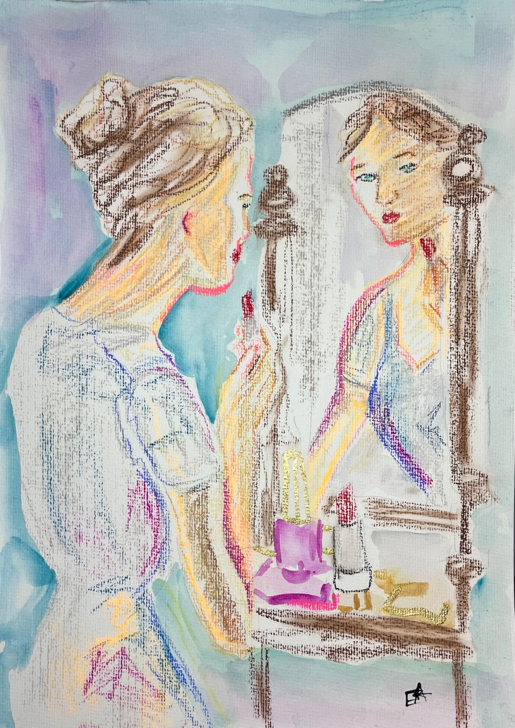 Sketching a woman putting lipstick on in a mirror