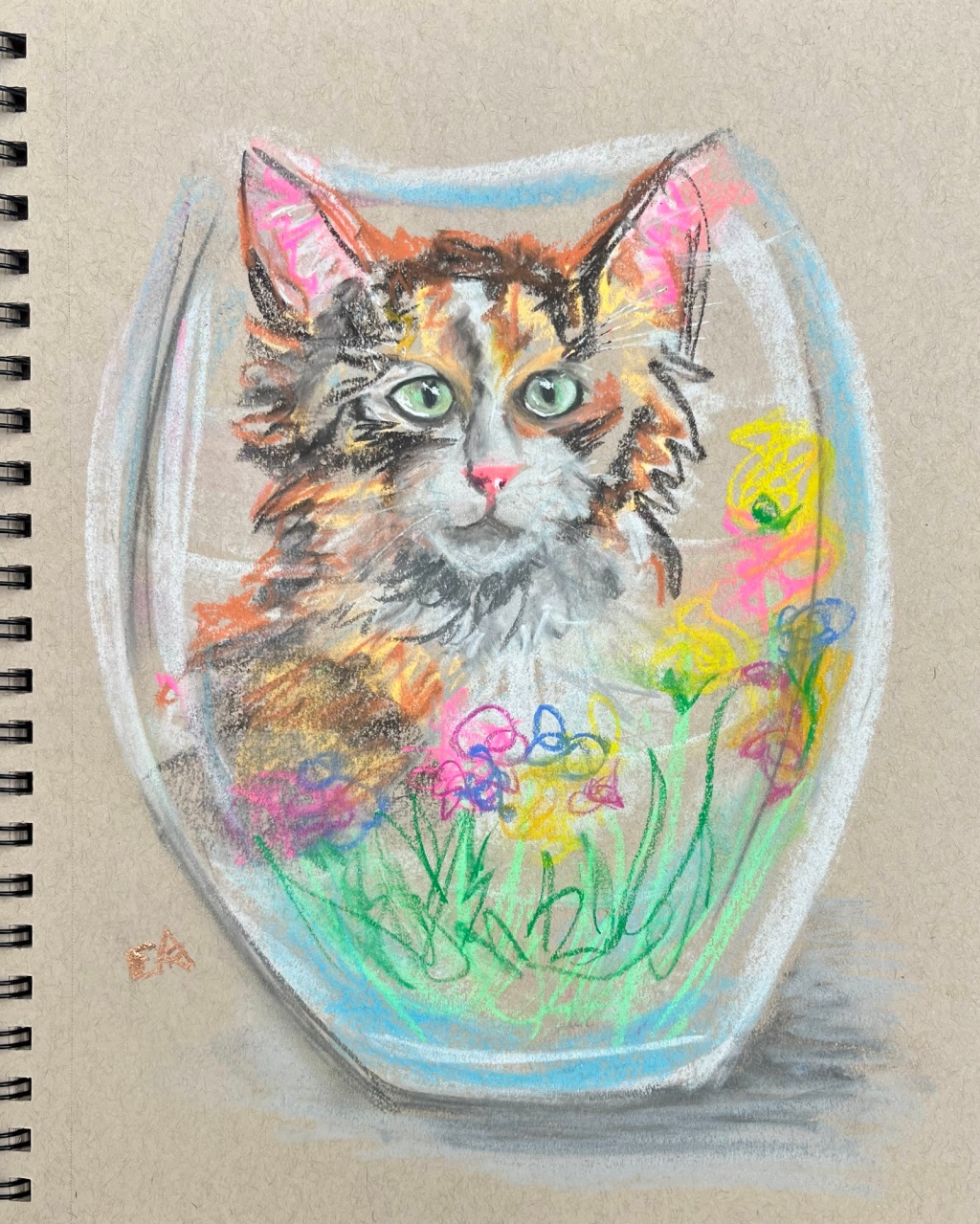 Drawing a Cat Behind a Vase of Flowers