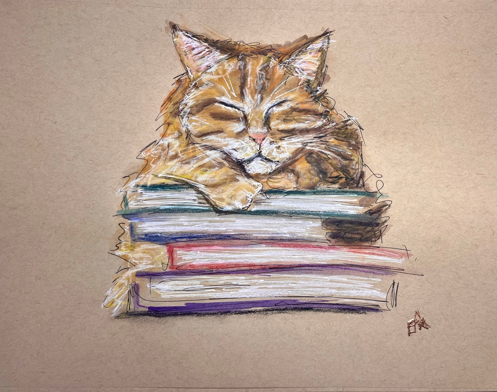 Sketching A Cat Sleeping On A Pile Of Books